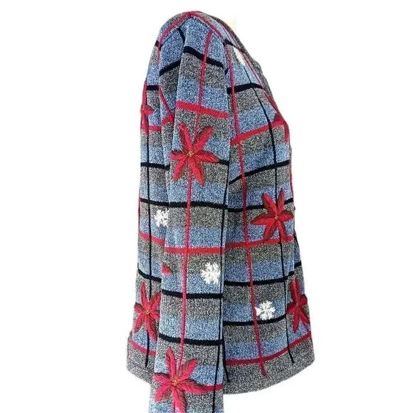 VINTAGE Knit Cardigan Hand Embroidered Holiday Snowflake Gray Red Size L - Picture 4 of 12